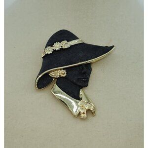 Vintage Torino Gold Tone Matte Black Enamel Cameo Lady in Hat Brooch Pin